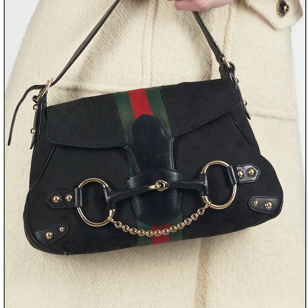 Gucci Horsebit Flap Vintage Black and Green Purse